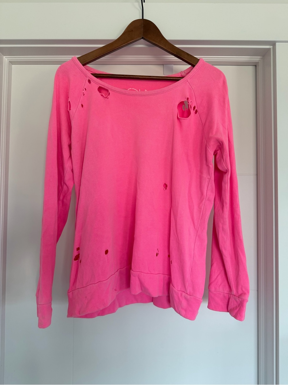 Chaser Hot Pink Distressed Crewneck Sweater